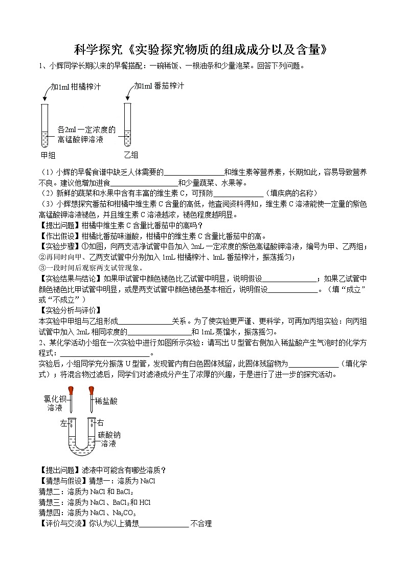 2020年中考人教版化学科学探究《实验探究物质的组成成分以及含量》专题练习01