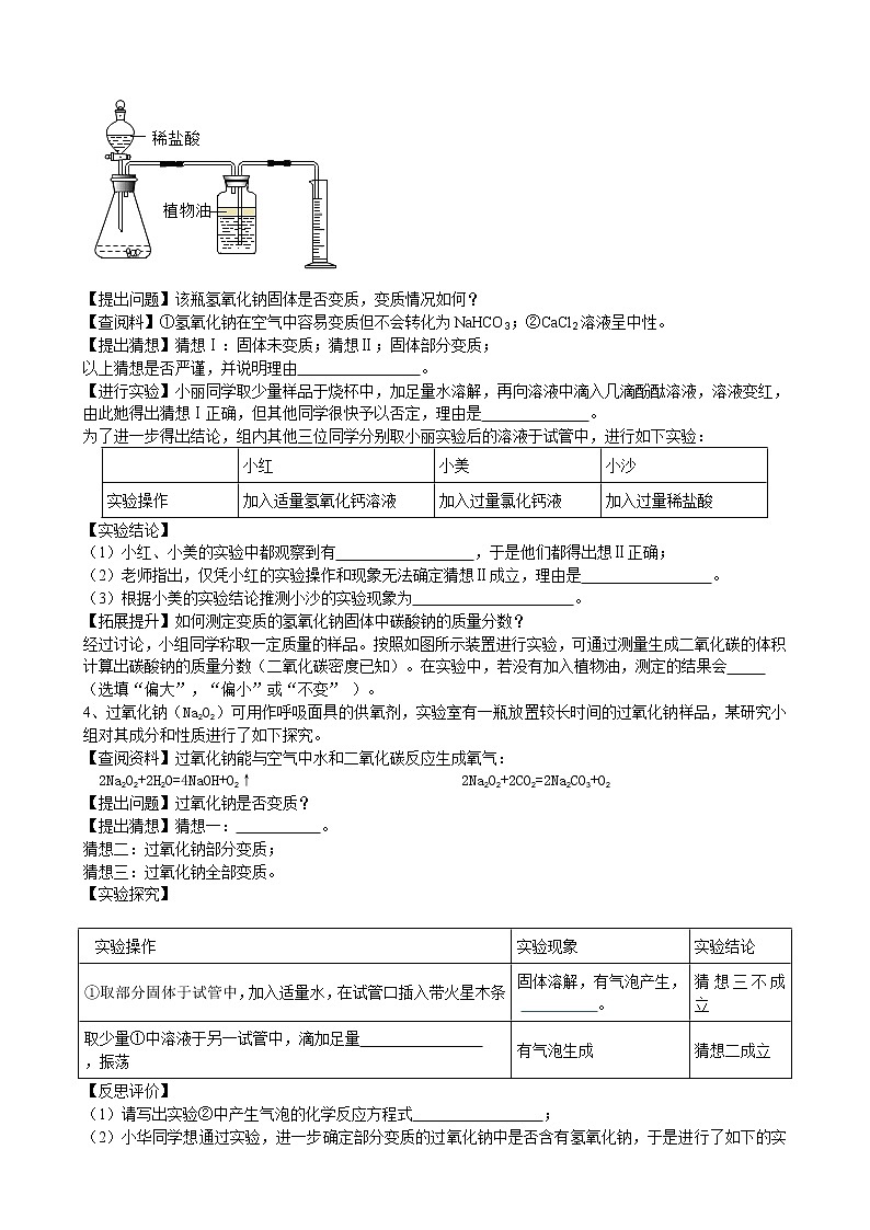 2020年中考人教版化学科学探究《药品是否变质的探究》专题练习02