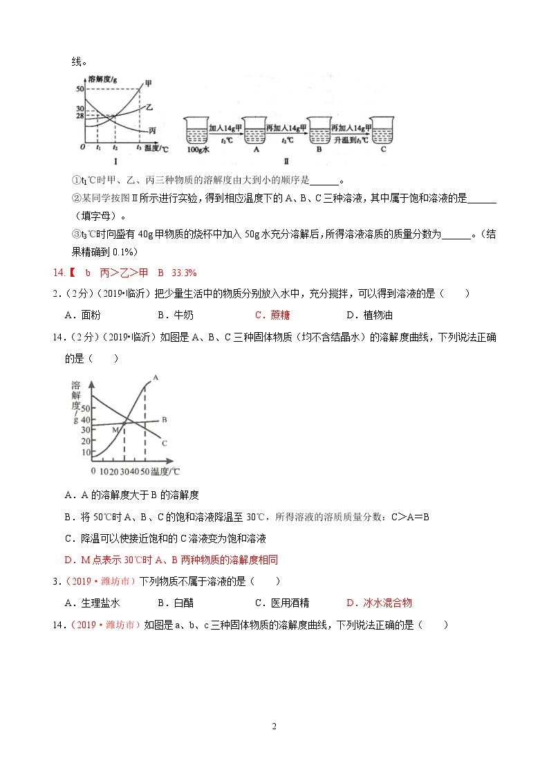 专题6溶液与溶解度2019年全国中考真题分类汇编（部分答案）02