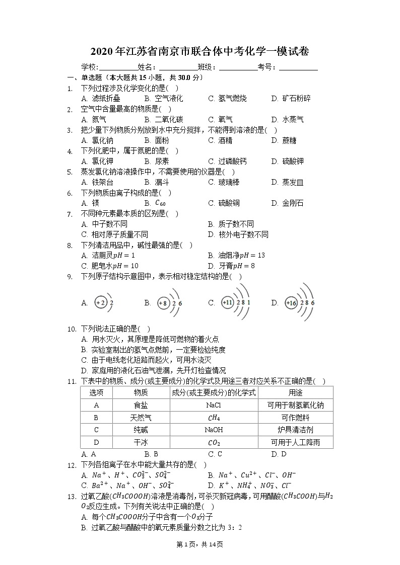 2020年江苏省南京市联合体中考化学一模试卷01