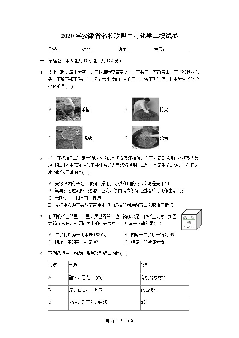 2020年安徽省名校联盟中考化学二模试卷01