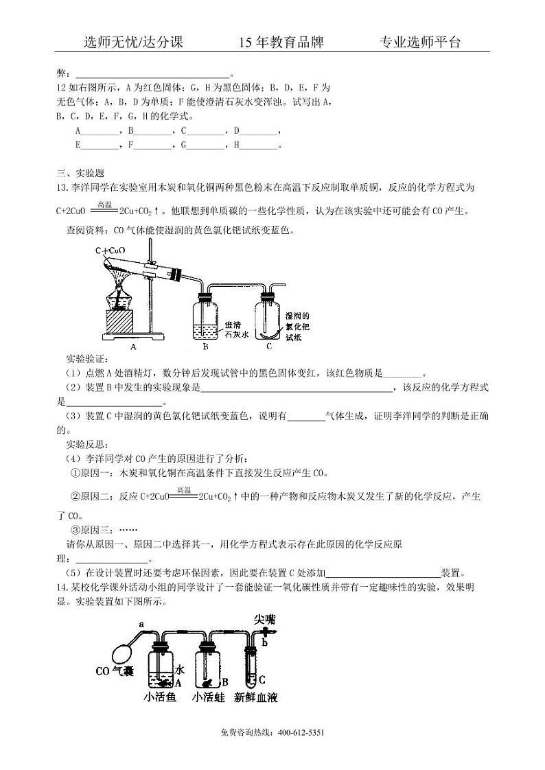 初中化学总复习：碳的单质及二氧化碳和一氧化碳的对比（提高） 巩固练习03
