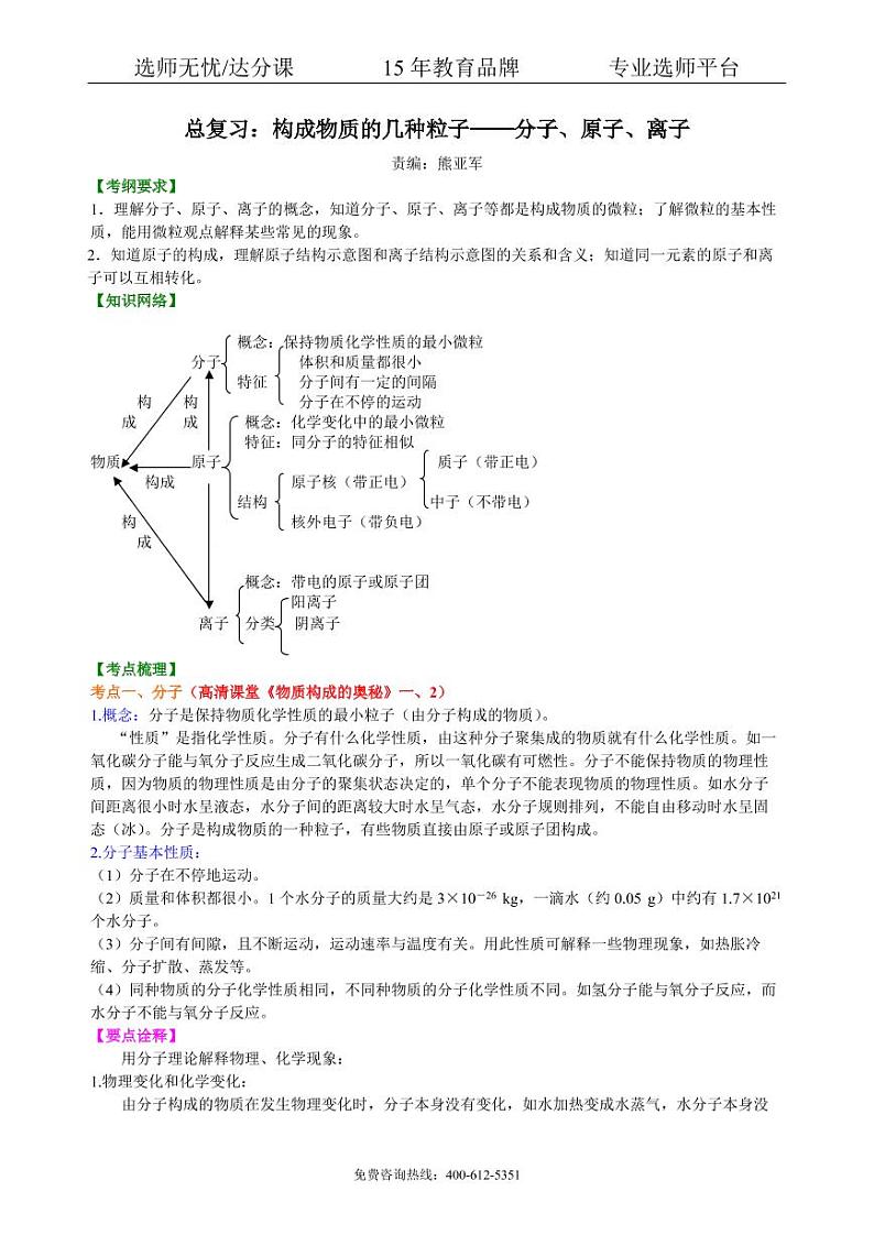 初中化学中考总复习：构成物质的几种粒子——分子、原子、离子 知识讲解01