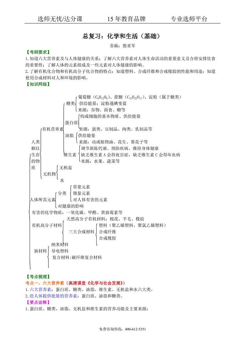 初中化学中考总复习：化学和生活（基础） 知识讲解01