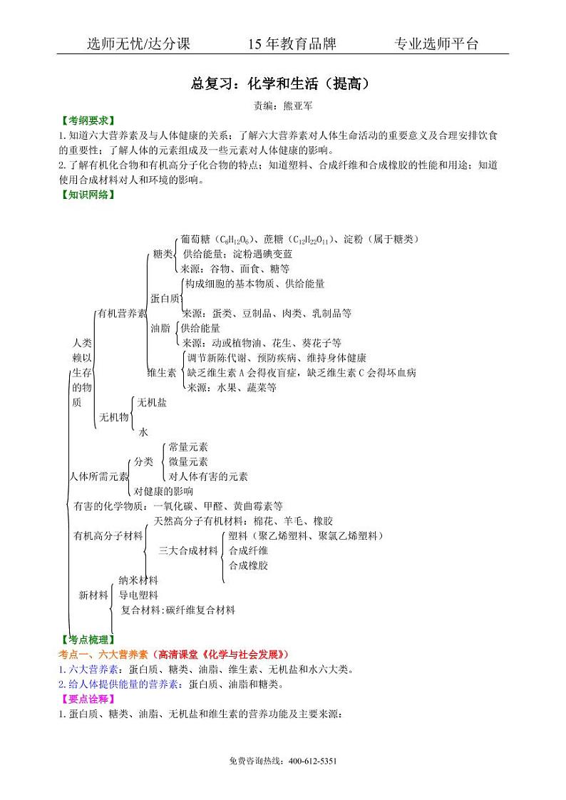 初中化学中考总复习：化学和生活（提高） 知识讲解01