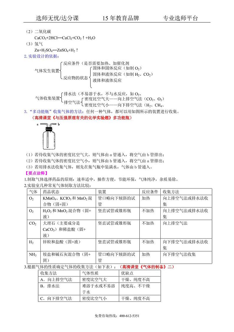 初中化学中考总复习：实验室制取气体的研究及实践（基础） 知识讲解02