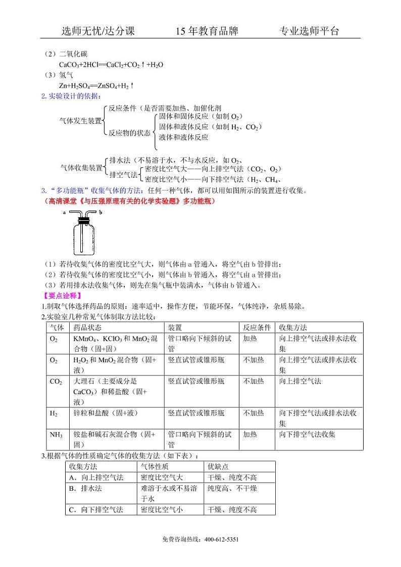 初中化学中考总复习：实验室制取气体的研究及实践（提高） 知识讲解02