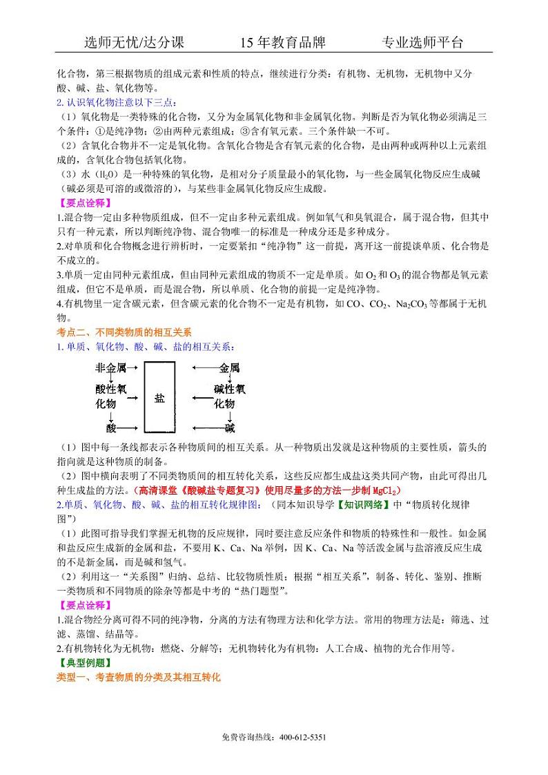 初中化学中考总复习：物质的分类及其相互关系（基础） 知识讲解02