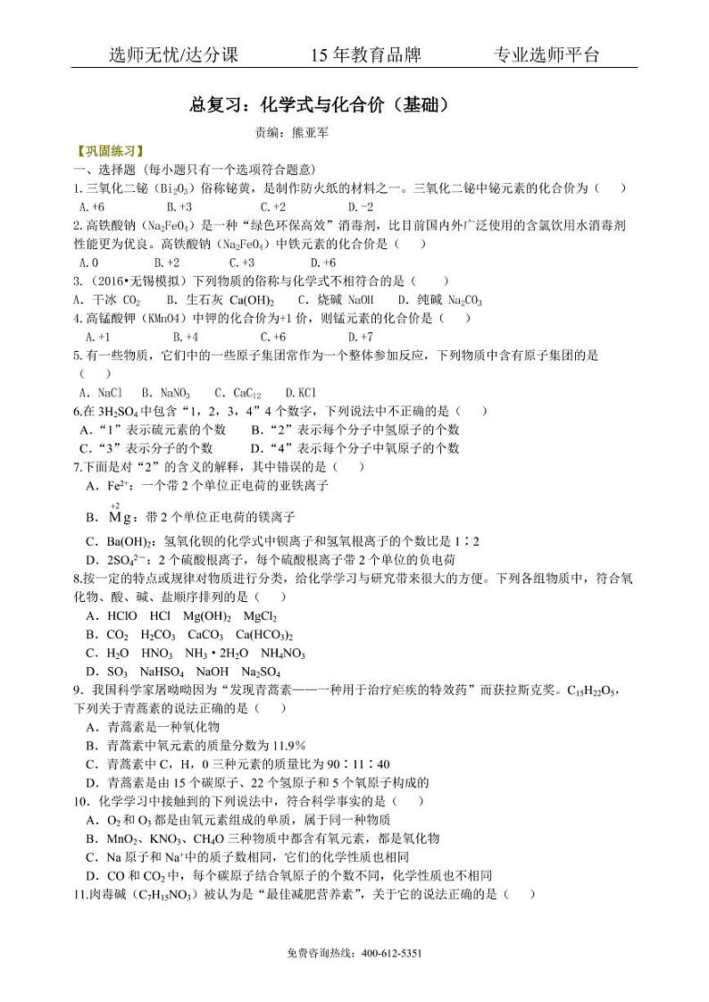 初中化学中考总复习：物质组成的表示——化学式与化合价（基础） 巩固练习01