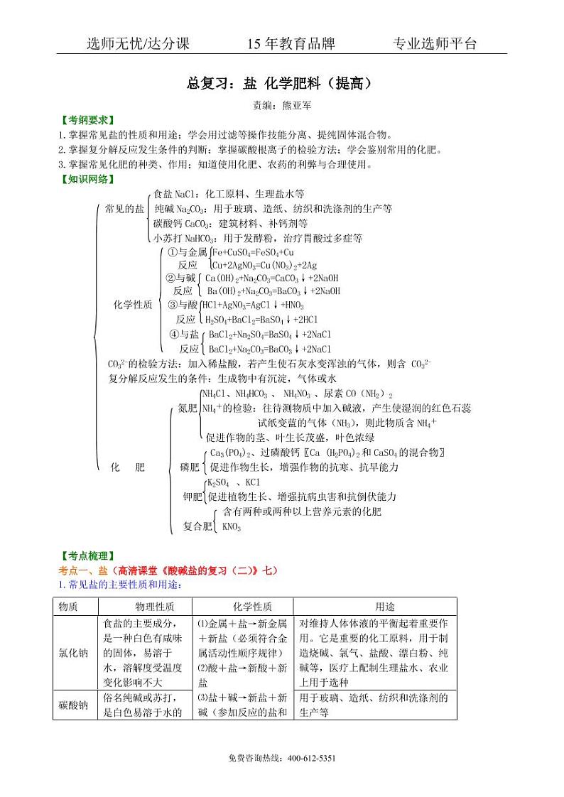 初中化学中考总复习：盐 化学肥料（提高） 知识讲解01