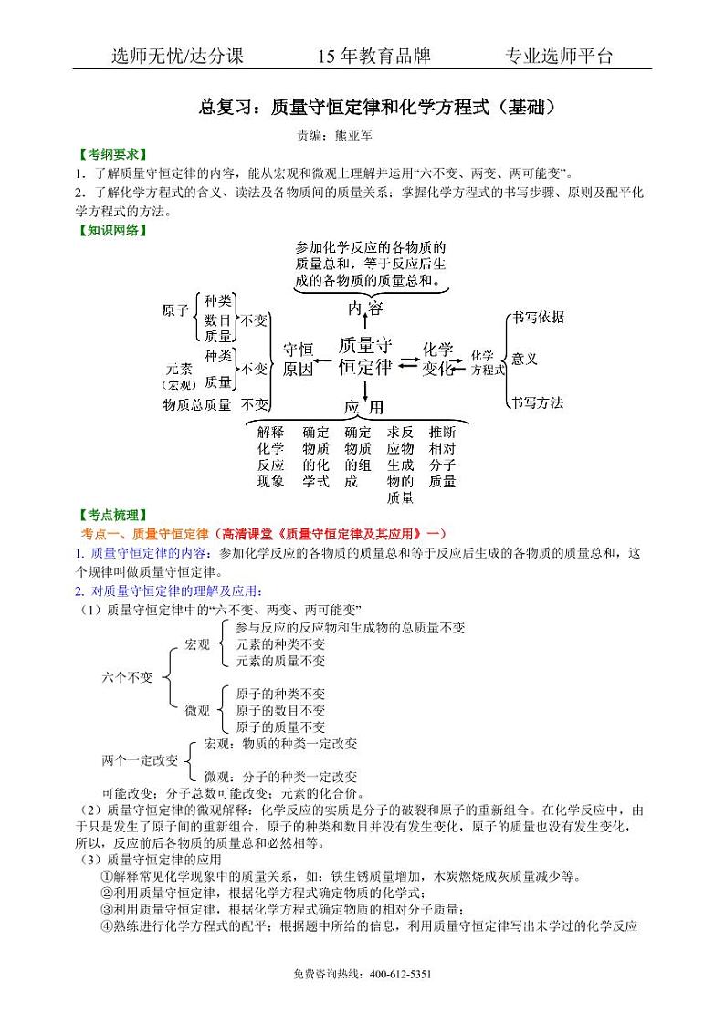 初中化学中考总复习：质量守恒定律和化学方程式（基础） 知识讲解01