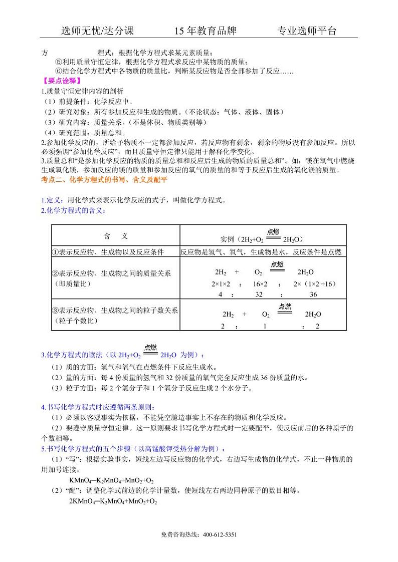 初中化学中考总复习：质量守恒定律和化学方程式（基础） 知识讲解02