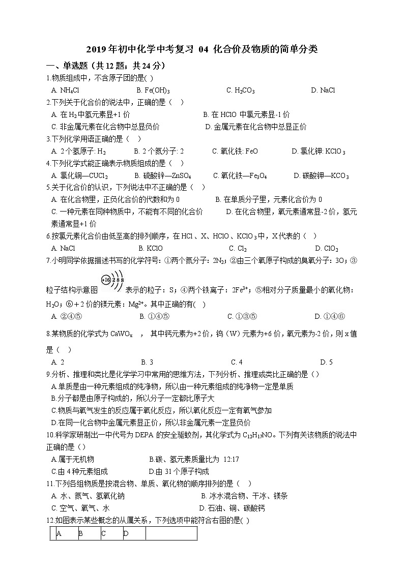 2019年初中化学中考复习 04 化合价及物质的简单分类第1页