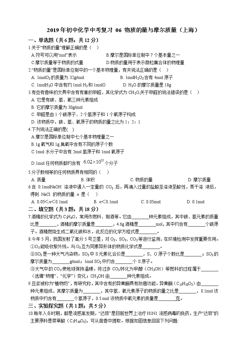 2019年初中化学中考复习 06 物质的量与摩尔质量第1页