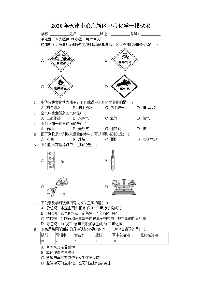2020年天津市滨海新区中考化学一模试卷01