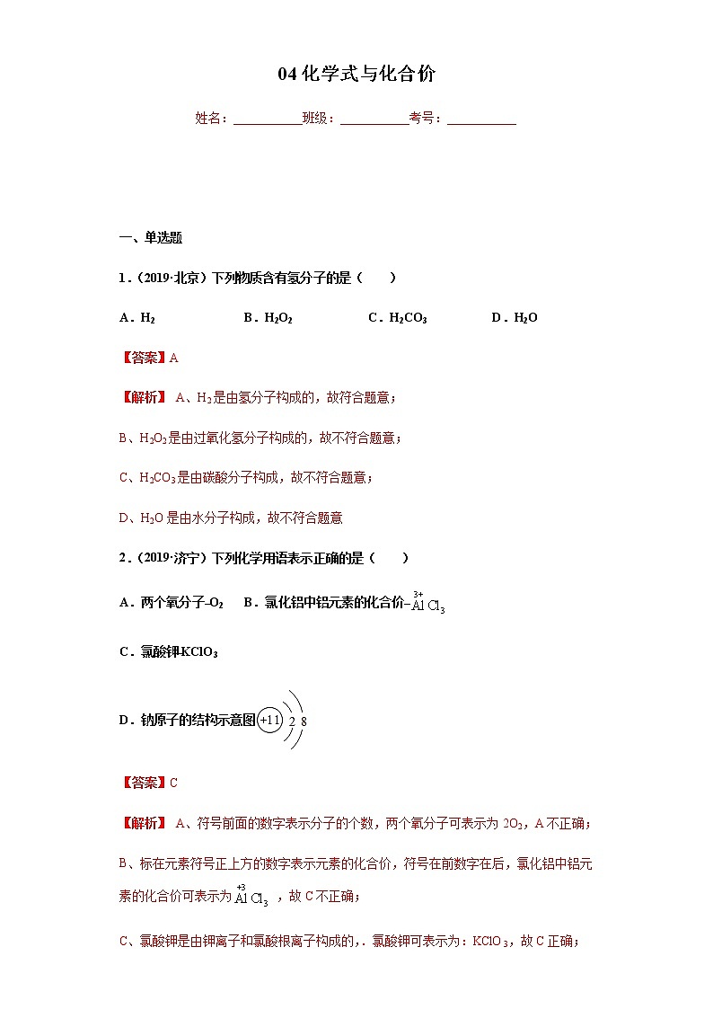 人教版赢定中考化学专题训练：专题04 化学式与化合价（解析版）01