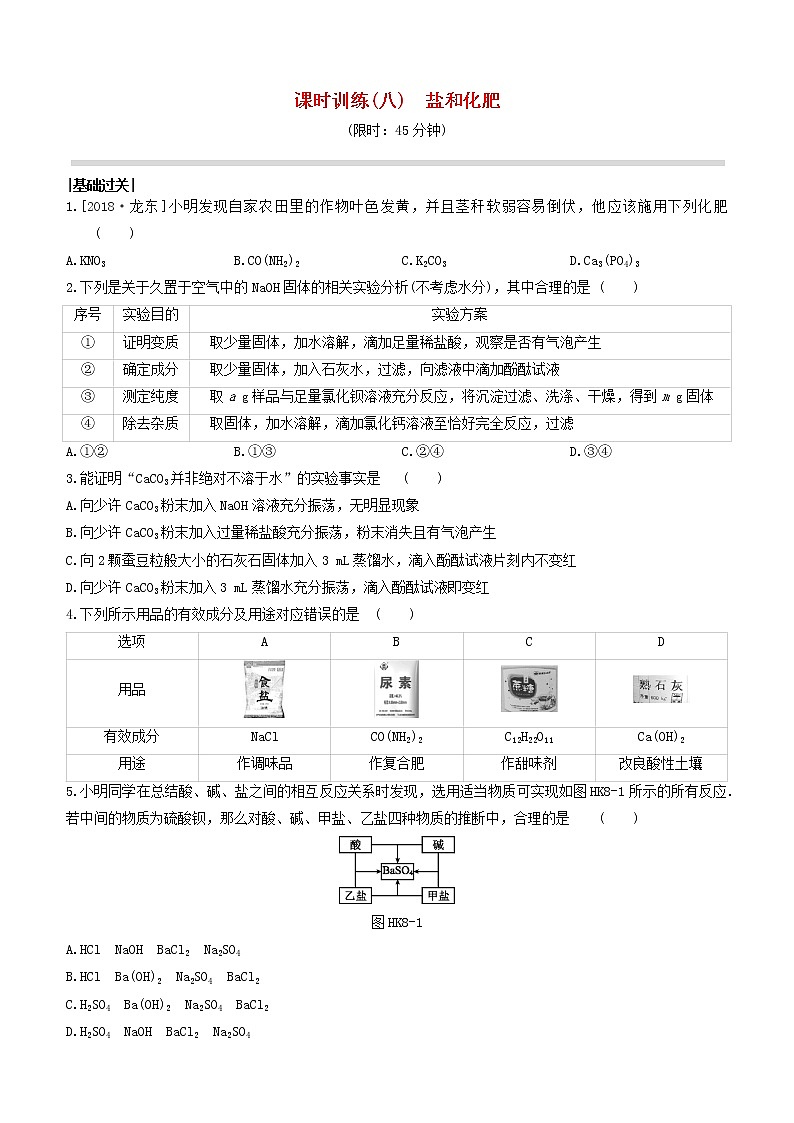 （杭州专版）2020中考化学复习方案课时训练08盐和化肥01