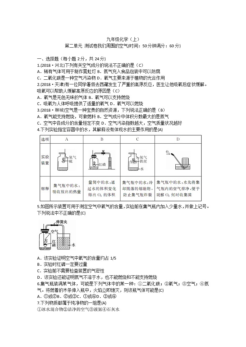 人教版九年级化学上册 第二单元 测试卷我们周围的空气 单元测试卷（有答案）01