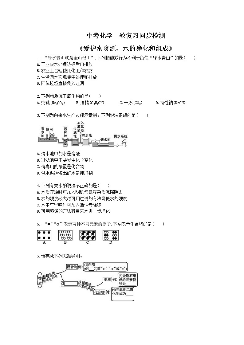2021年中考化学一轮复习同步检测《爱护水资源、水的净化和组成》（含答案解析）01