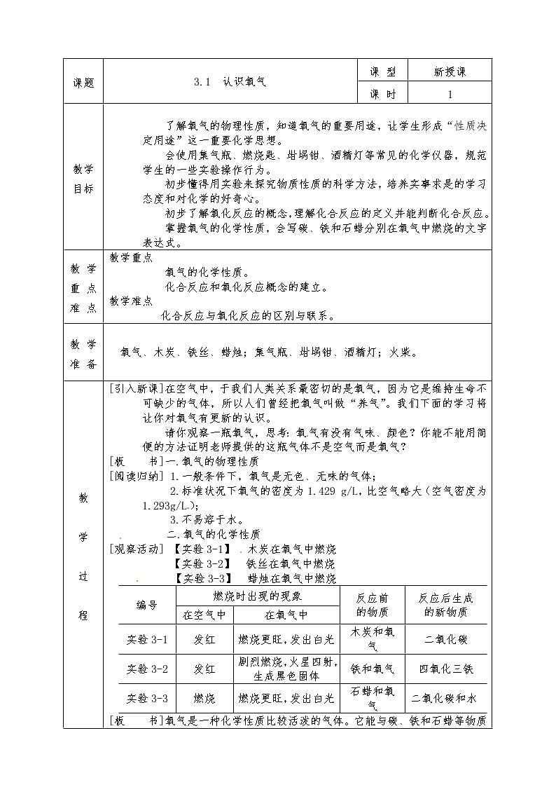 粤教版九年级化学上册全册教案3.1 认识氧气01