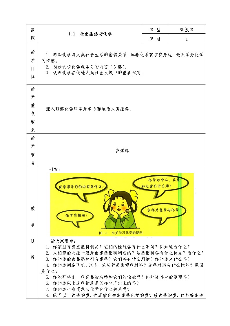 粤教版九年级化学上册全册教案1.1 社会生活与化学01