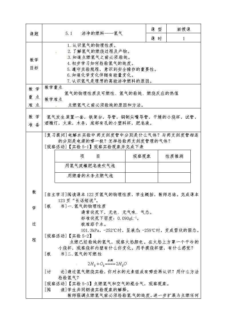 粤教版九年级化学上册全册教案5.1 洁净的燃料——氢气01