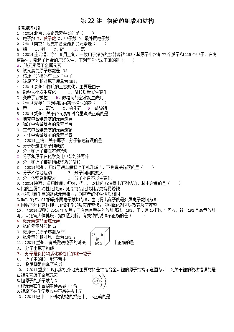 2015中考年化学考点跟踪：第22讲 物质的组成和结构 教案01
