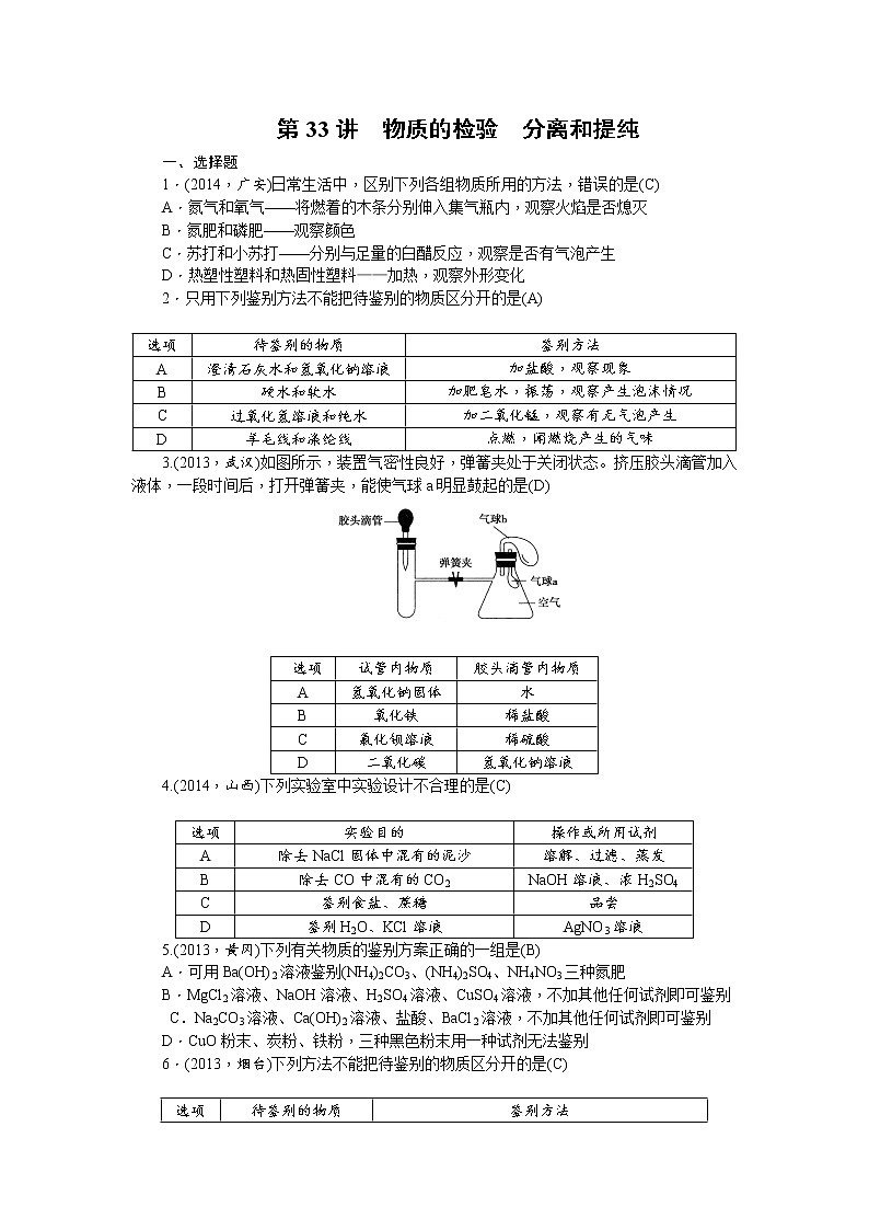 2015中考年化学考点跟踪：第33讲 专题十二物质的检验分离和提01