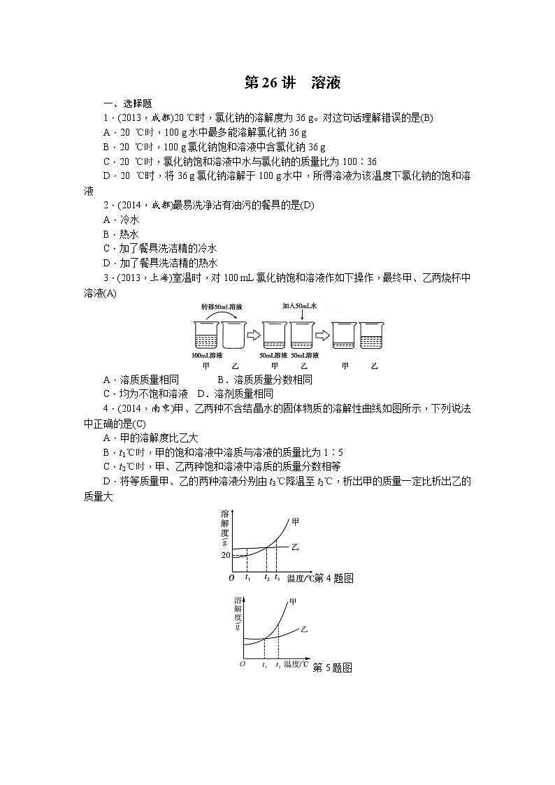 2015中考年化学考点跟踪：第26讲 专题五溶液01