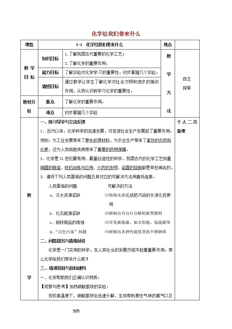 沪教版九年级化学全册第1章 开启化学之门1.1化学给我们带来什么 教案01
