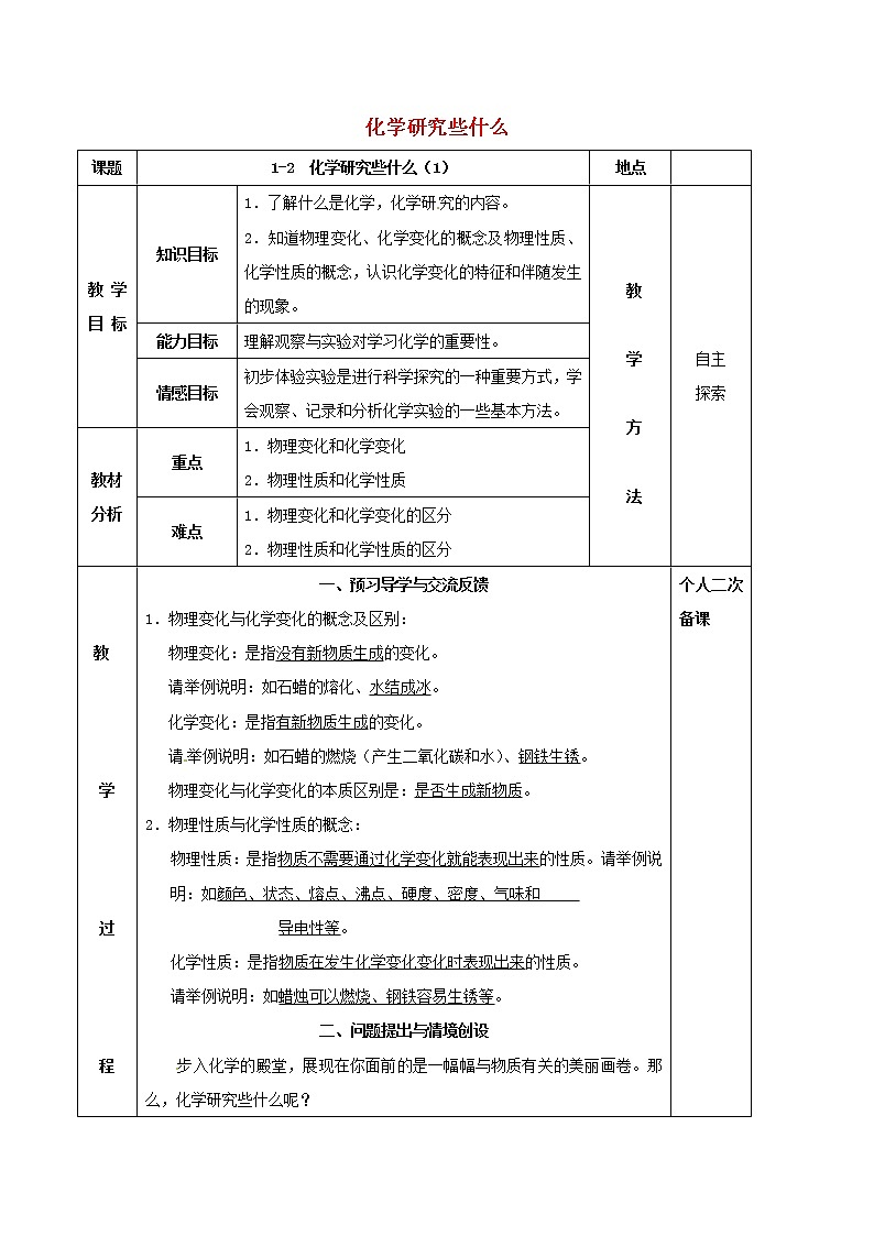 沪教版九年级化学全册第1章 开启化学之门1.2化学研究些什么 教案101