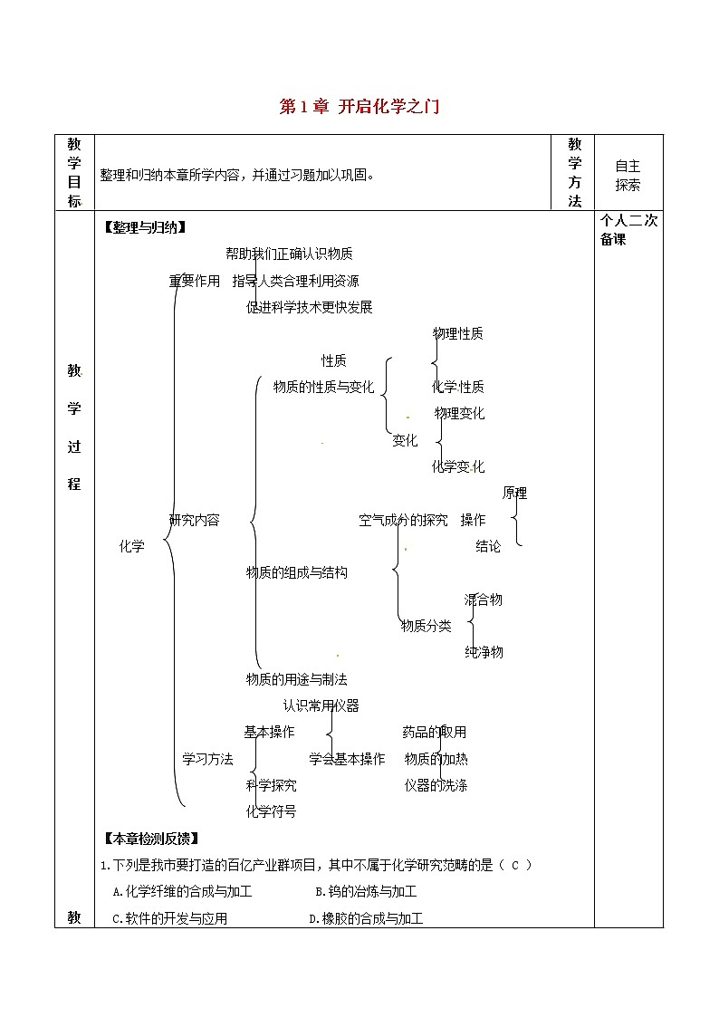 沪教版九年级化学全册第1章 开启化学之门复习课 教案01