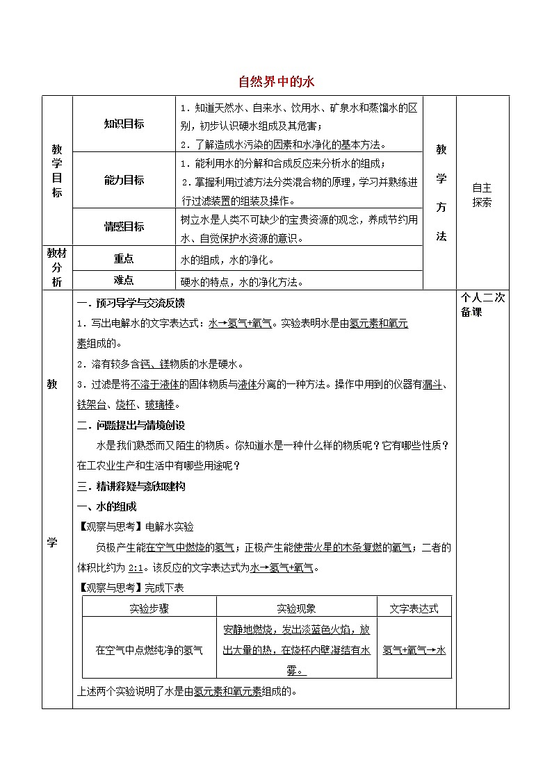 沪教版九年级化学全册第2章 身边的化学物质2.3自然界中的水 教案01