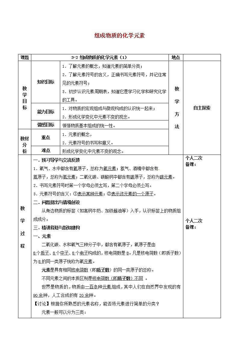沪教版九年级化学全册第3章 物质构成的奥秘3.2组成物质的化学元素 教案101