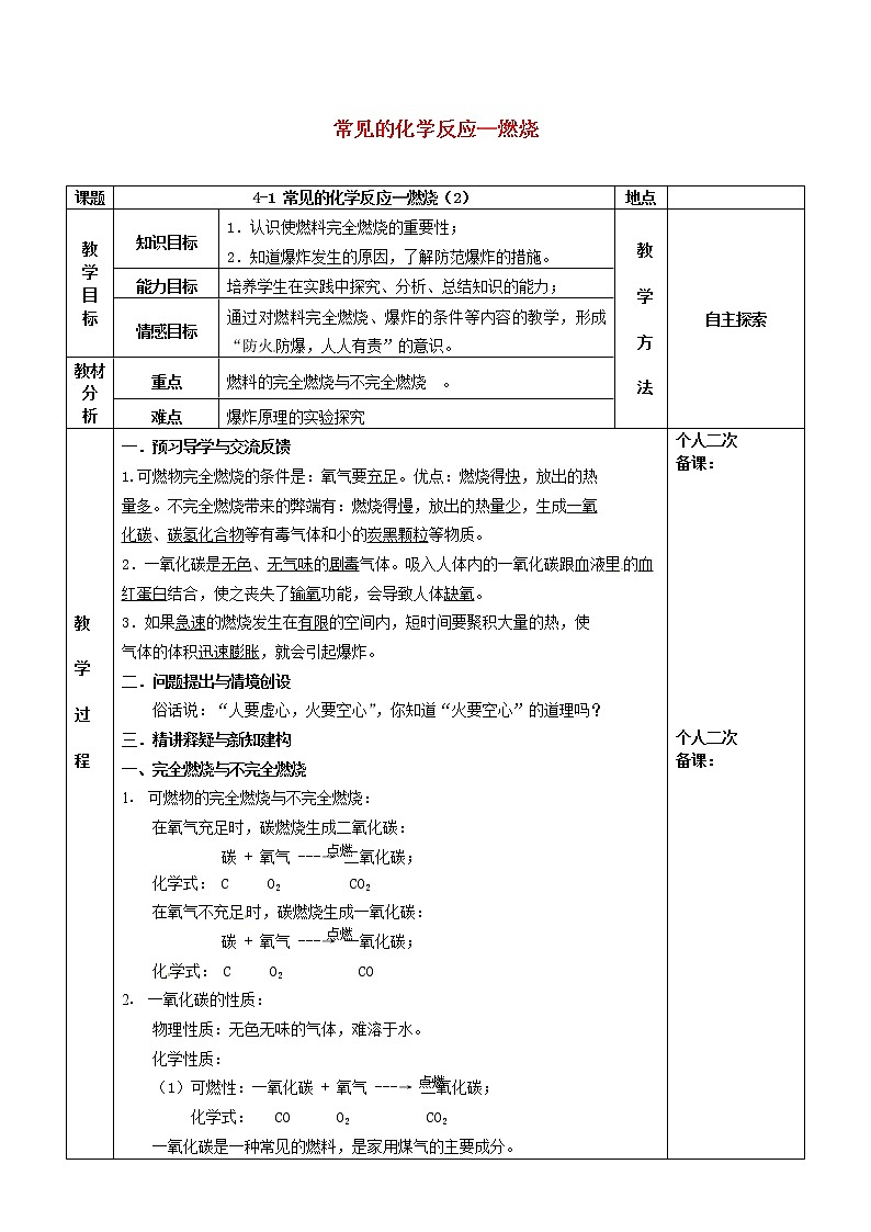 沪教版九年级化学全册第4章 认识化学变化4.1常见的化学反应_燃烧 教案201