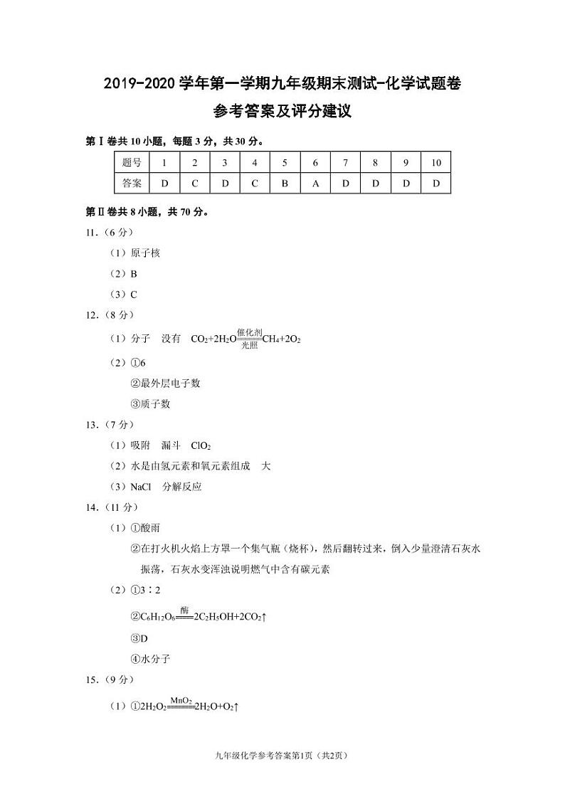 （福建宁德）2019-2020学年第一学期九年级期末测试-化学试题卷（人教版）[含参考答案及评分建议]01