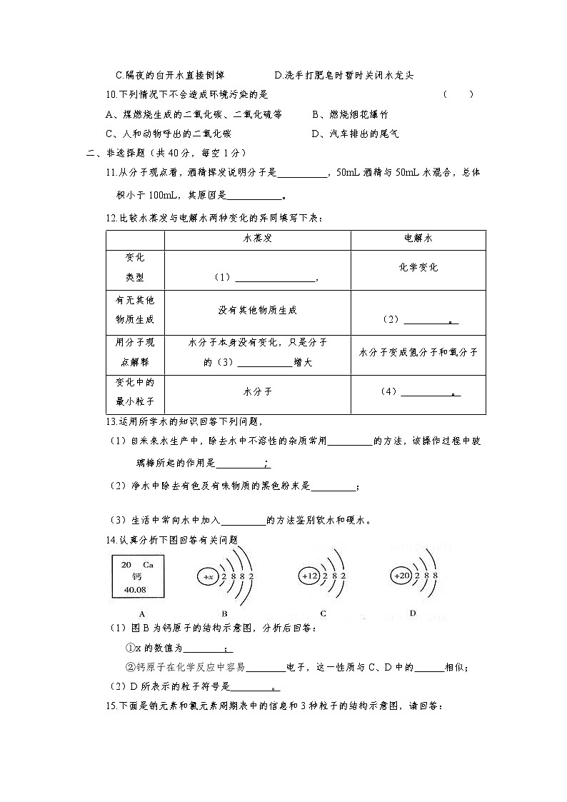 2019年吉林省长春市第90中学九年级第一次月考试卷化学第2页