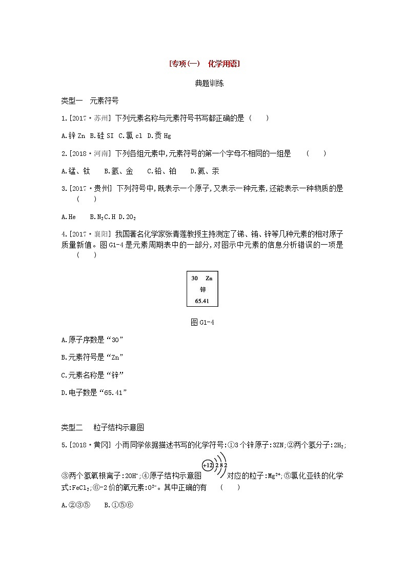 (河北版)2019年中考化学复习第一篇基础过关篇 专项一《化学用语》练习 (含答案)01