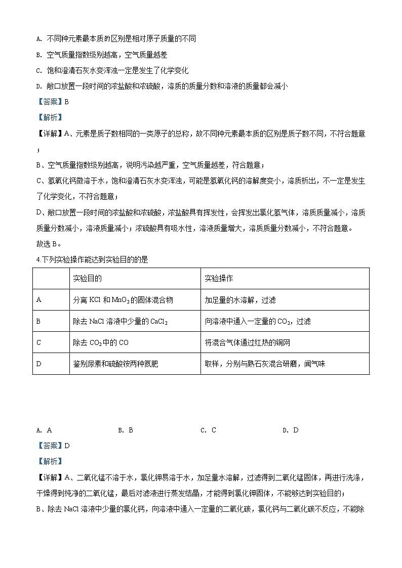 内蒙古包头市2020年中考化学试题（解析版）02