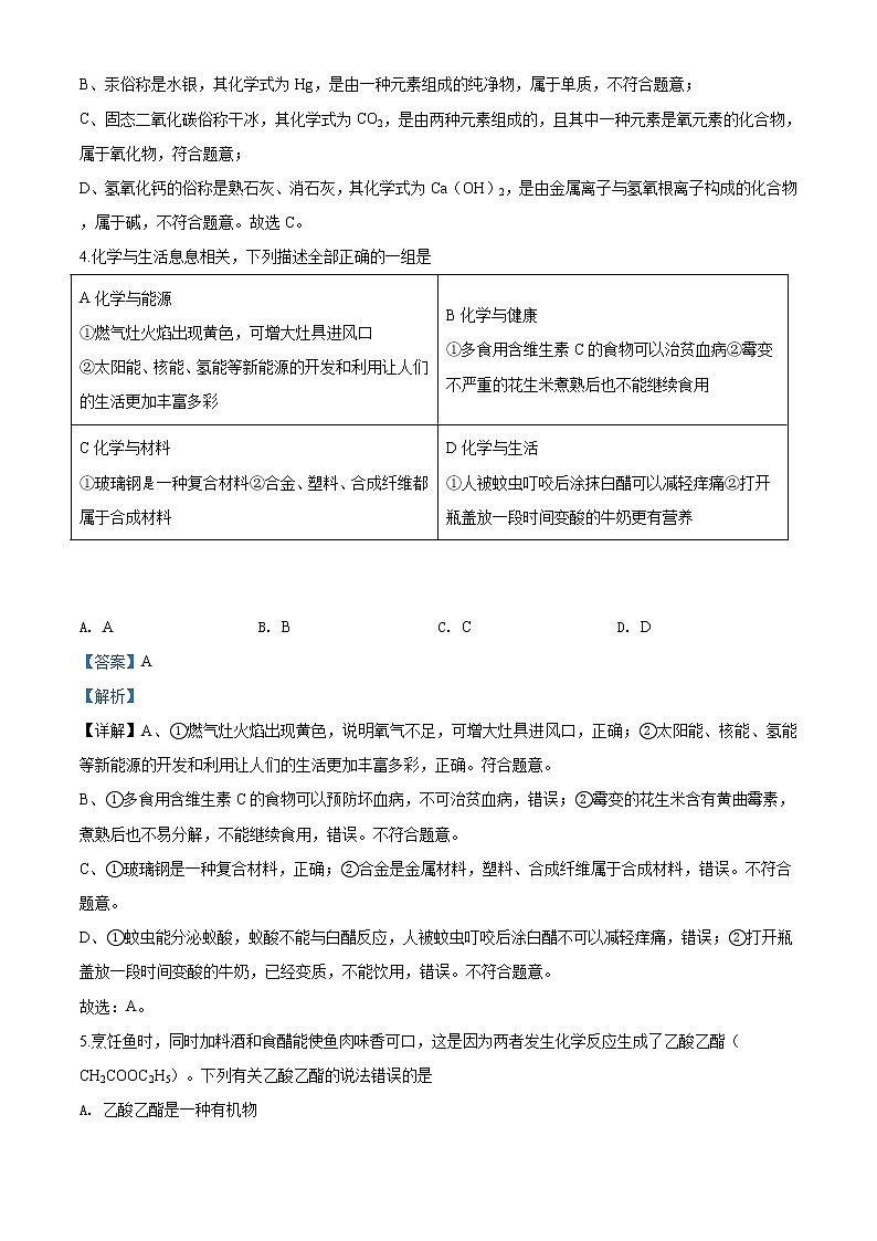 四川省巴中市2020年中考化学试题（解析版）03