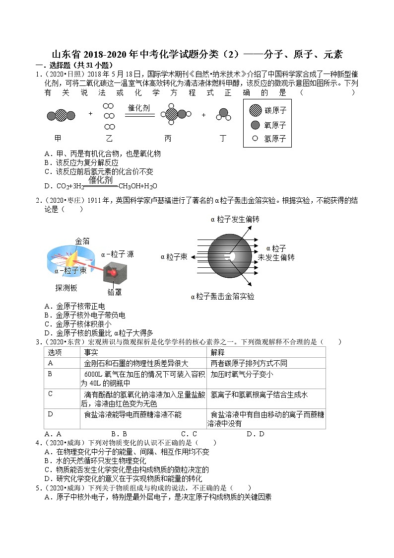 山东省2018-2020年近三年中考化学试题分类（2）——分子、原子、元素(含解析)01