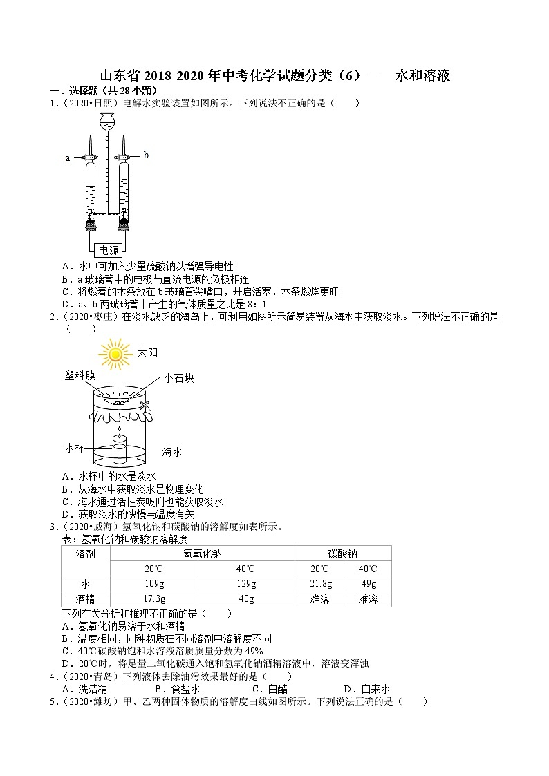 山东省2018-2020年近三年中考化学试题分类（6）——水和溶液(含解析)01