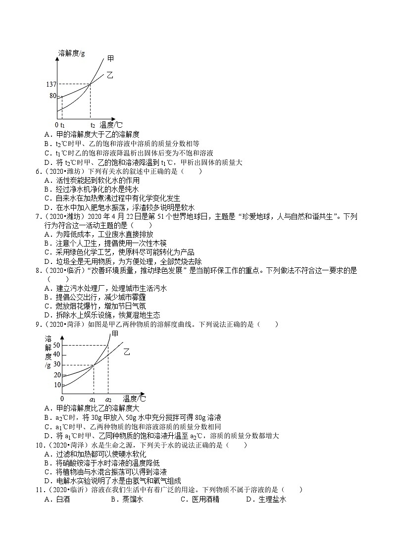 山东省2018-2020年近三年中考化学试题分类（6）——水和溶液(含解析)02
