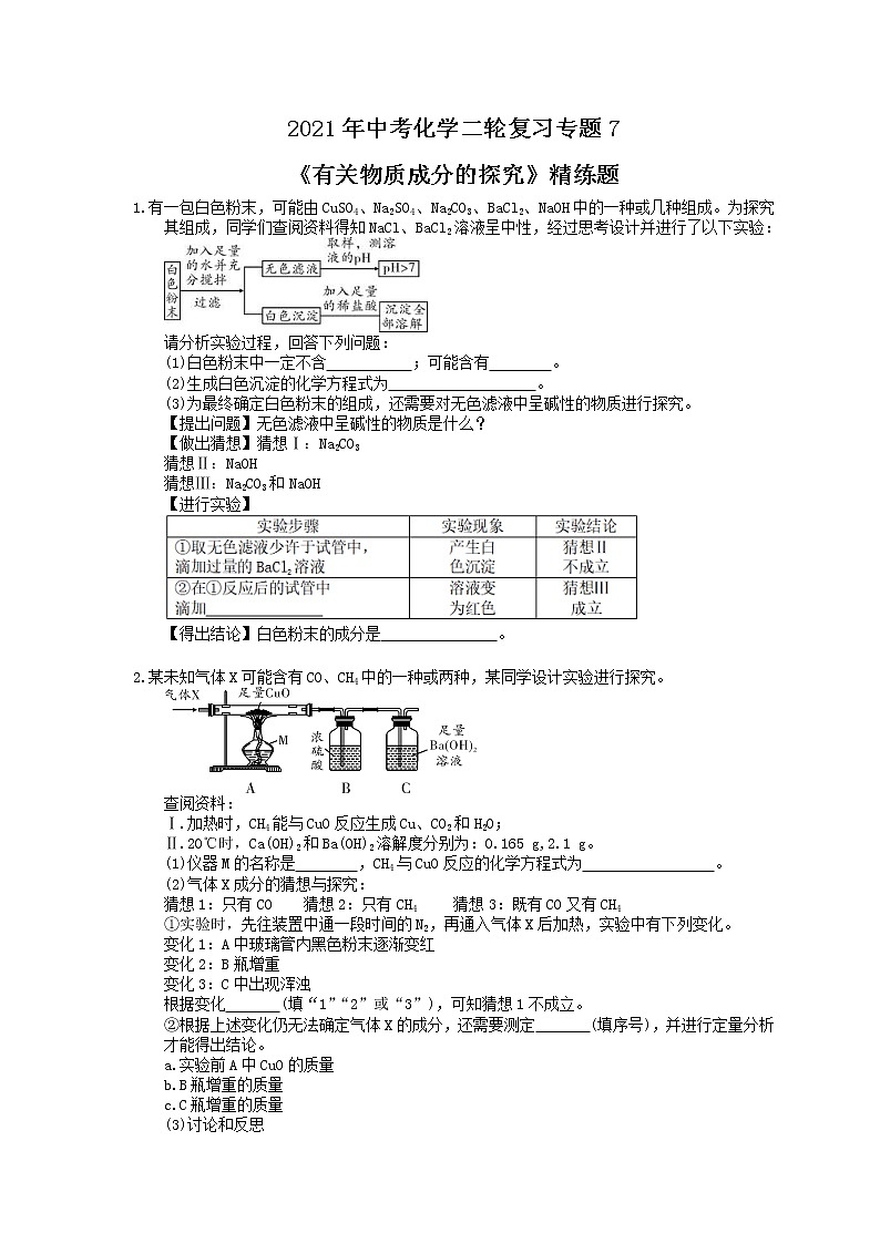 2021年中考化学二轮复习专题7《有关物质成分的探究》精练题（含答案）01