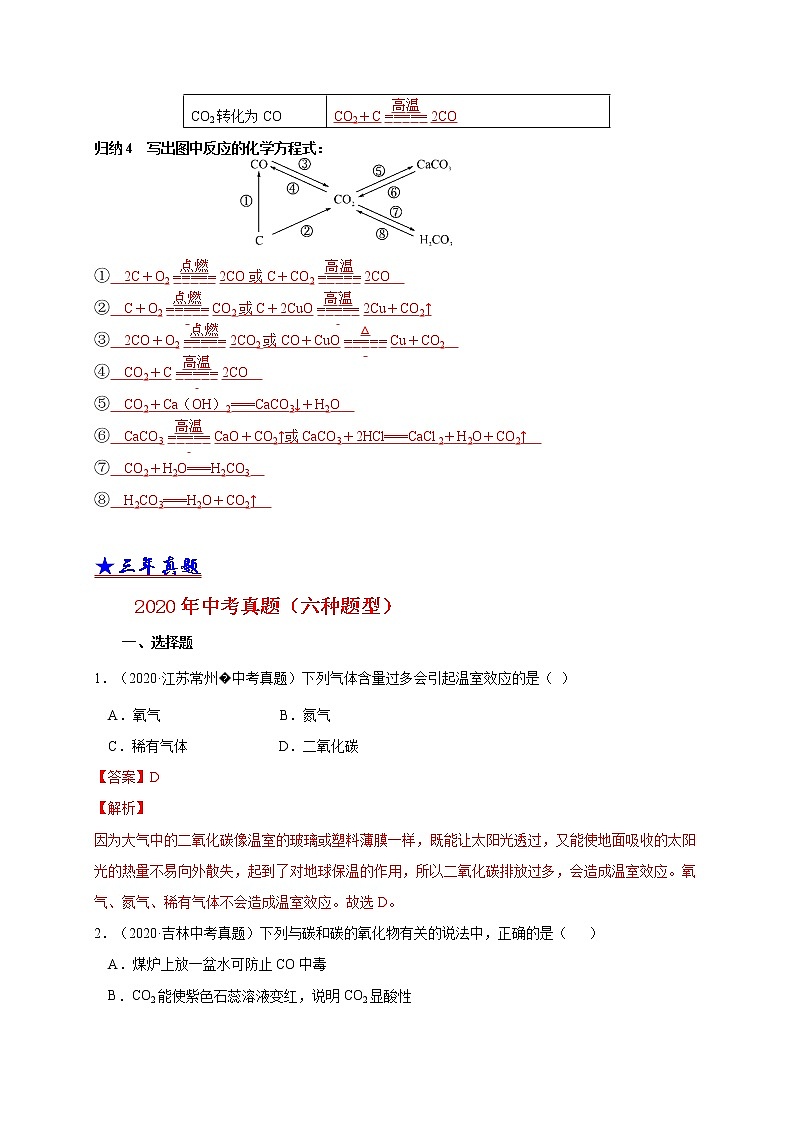 2018-2020中考化学真题分项详解 考点 16 碳的氧化物 （解析版）03