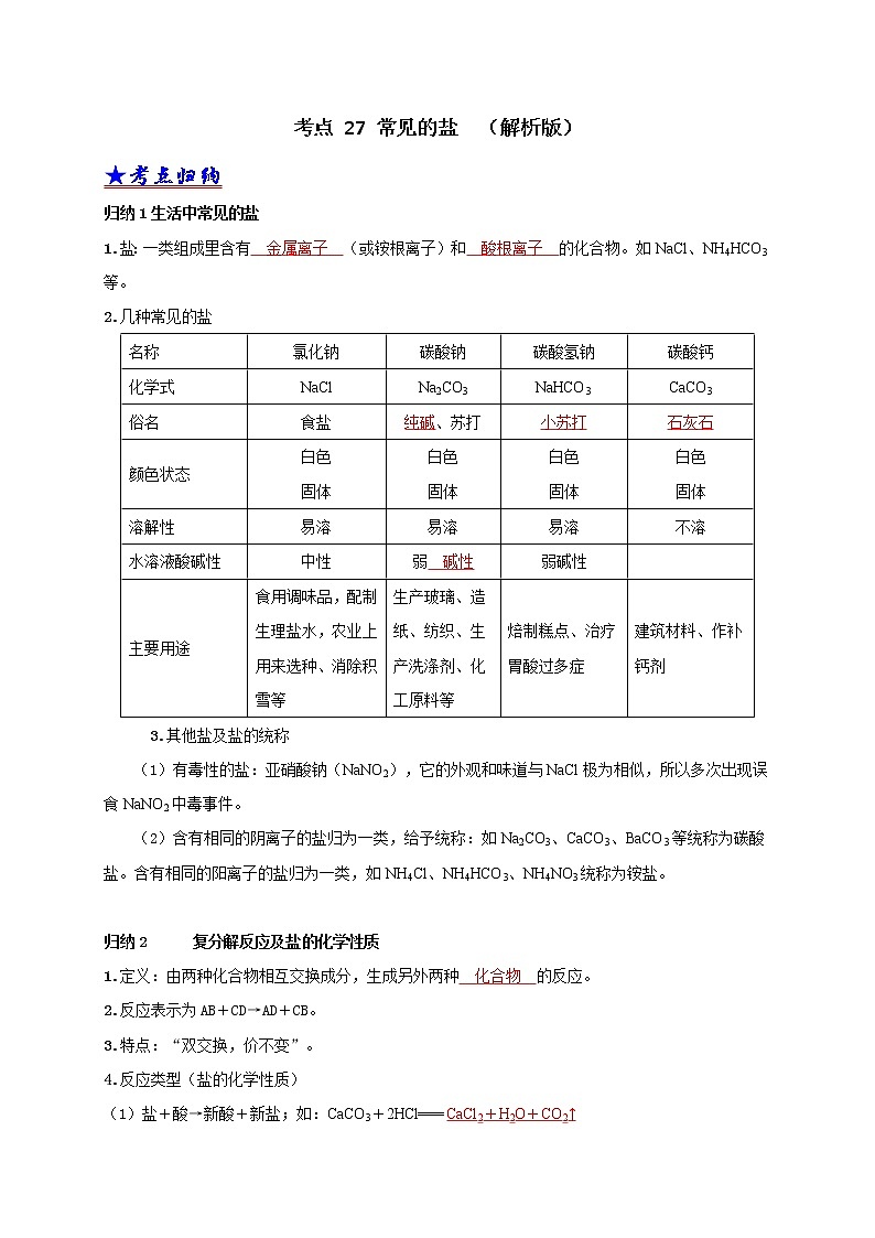 2018-2020中考化学真题分项详解 考点 27 常见的盐 （解析版）01
