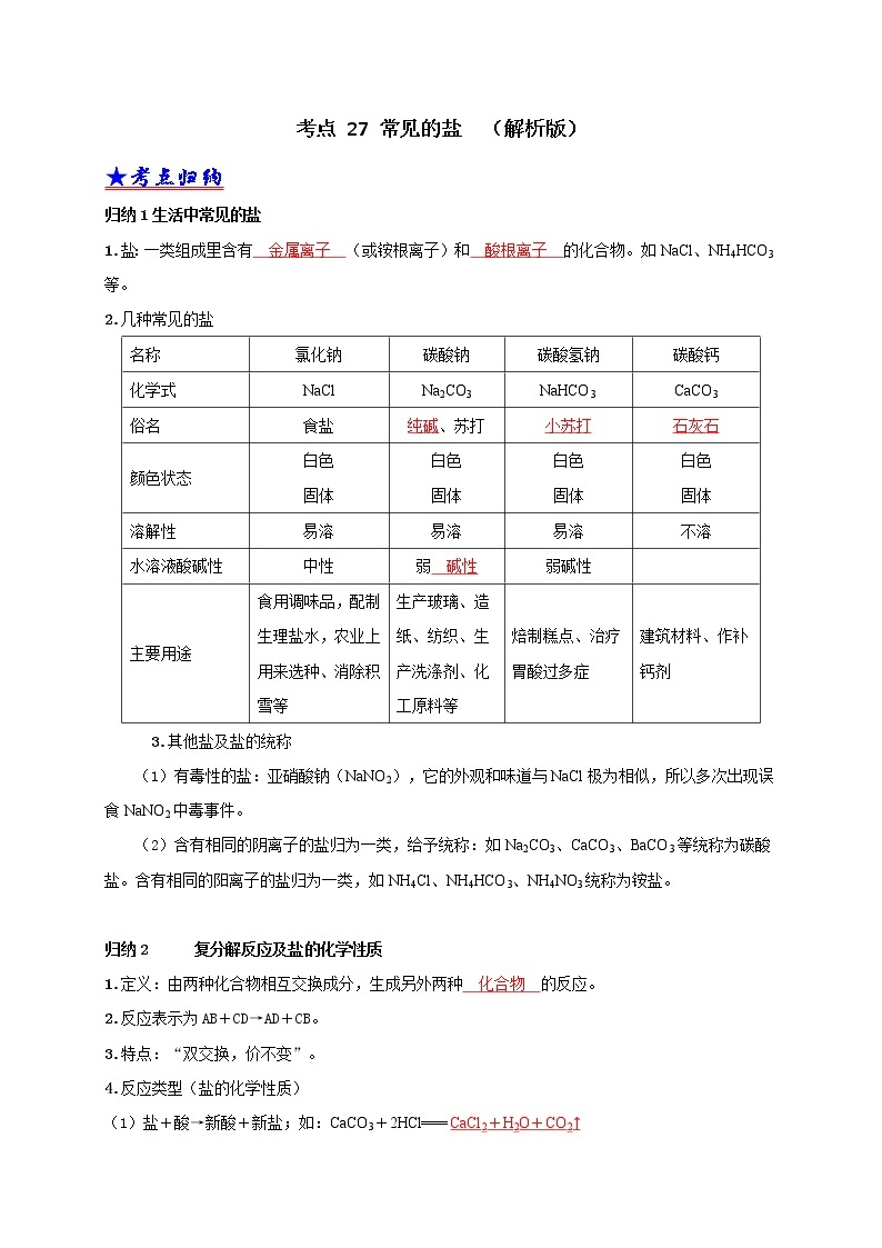 2018-2020中考化学真题分项详解 考点 27 常见的盐 （解析版）01