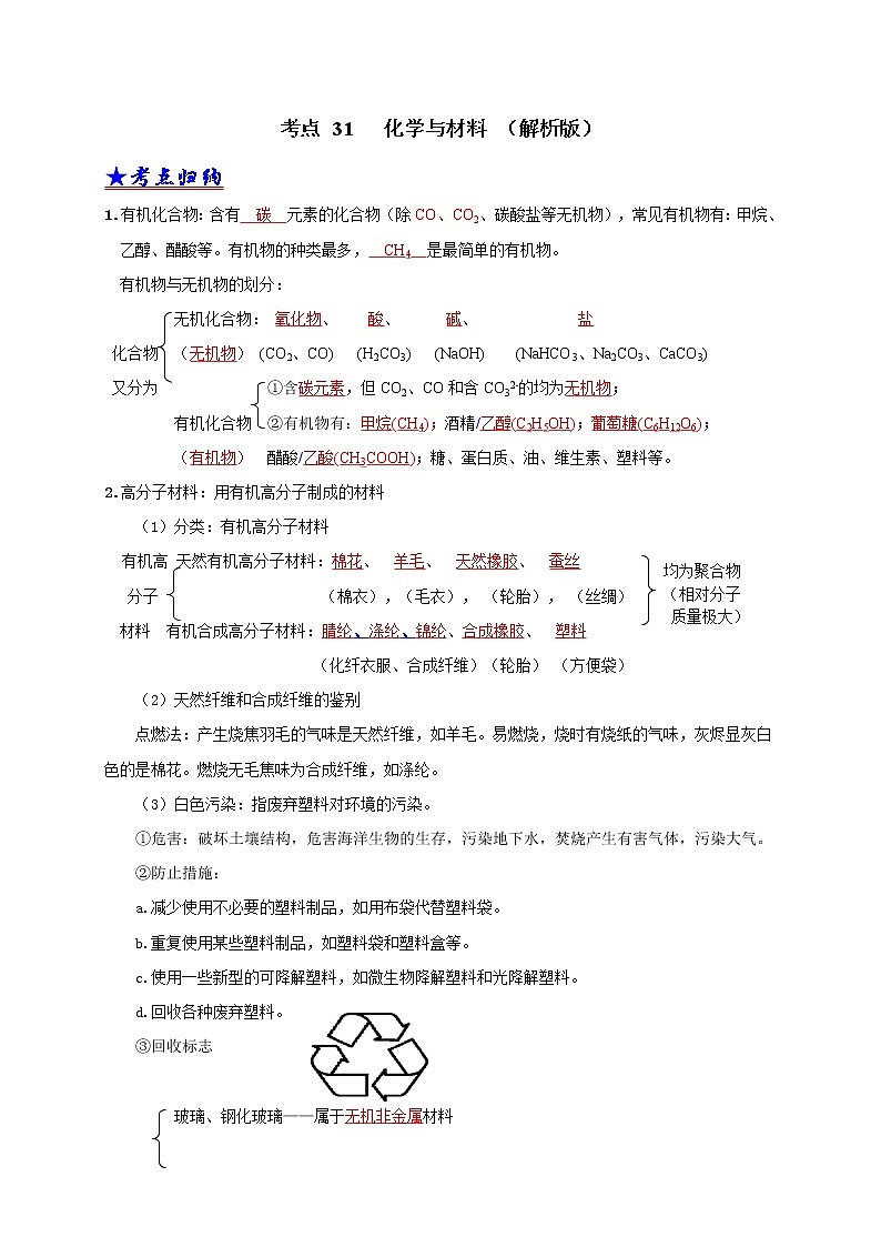 2018-2020中考化学真题分项详解 考点 31 化学与材料（解析版）01