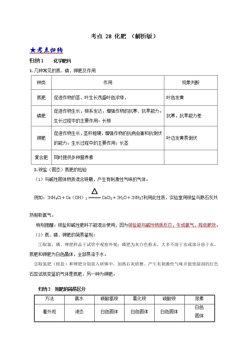 2018-2020中考化学真题分项详解 考点 28 化肥 （解析版）01