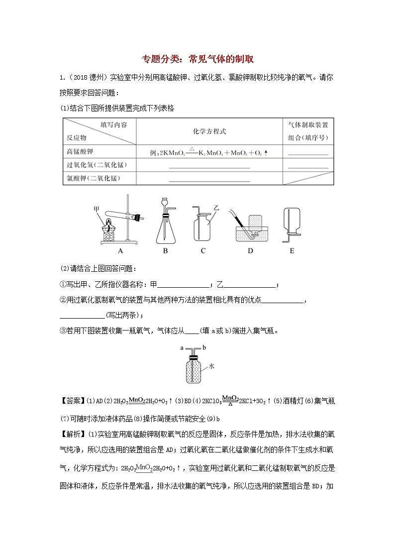 2018年中考化学真题分类汇编《常见气体的制取》(含解析)01